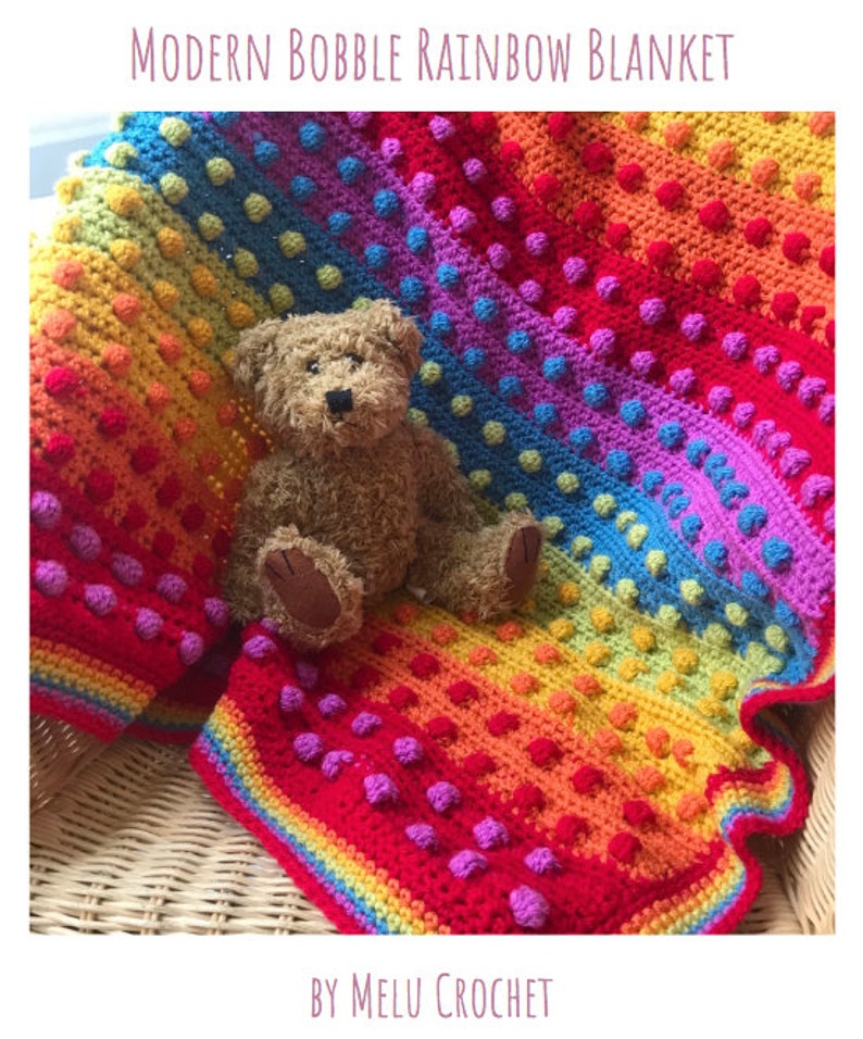 Modern Bobble Rainbow Blanket pattern by Melu Crochet Baby Afghan comforter and throw for unisex/boy/girl or home image 7
