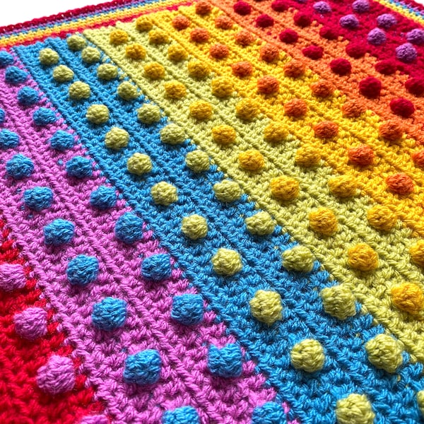 Modern Bobble Rainbow Blanket pattern by Melu Crochet Baby Afghan comforter and throw for unisex/boy/girl or home