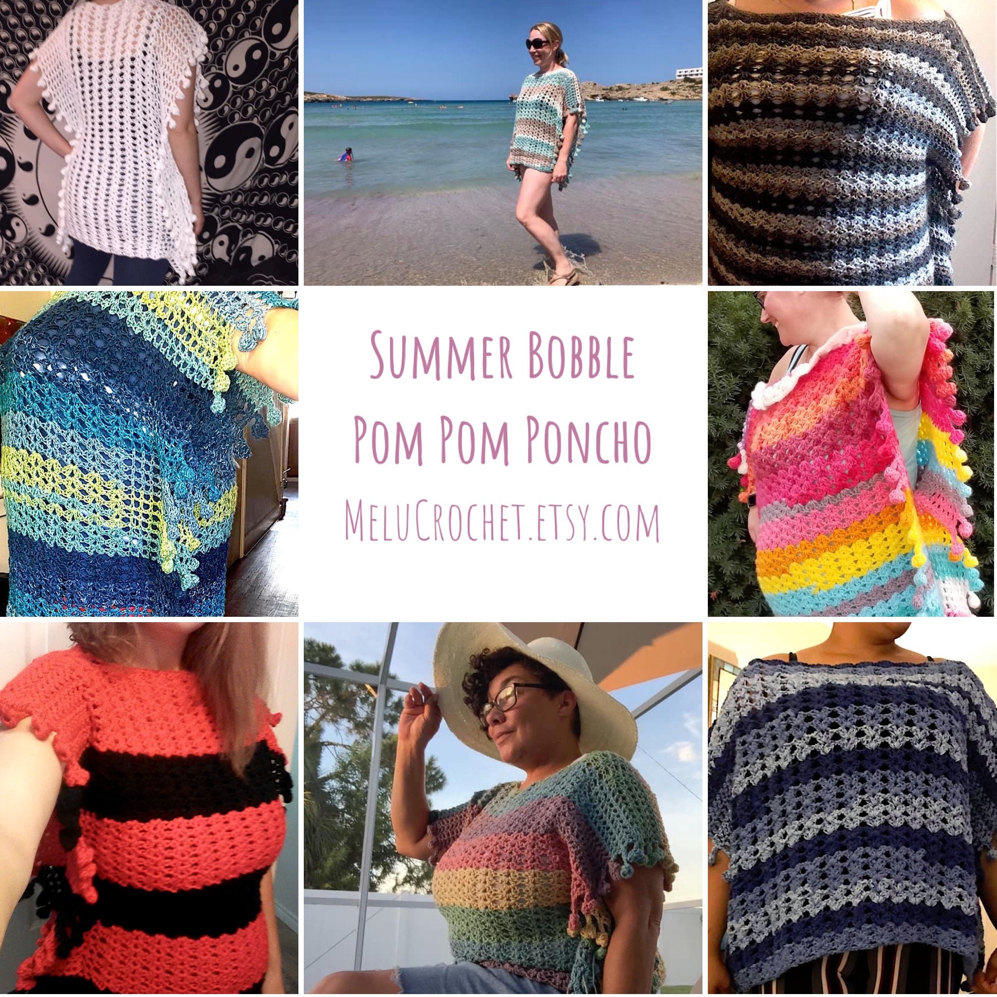 Adult Size MEDIUM Melu Crochet Summer Bobble Pom Pom Poncho Pattern ...