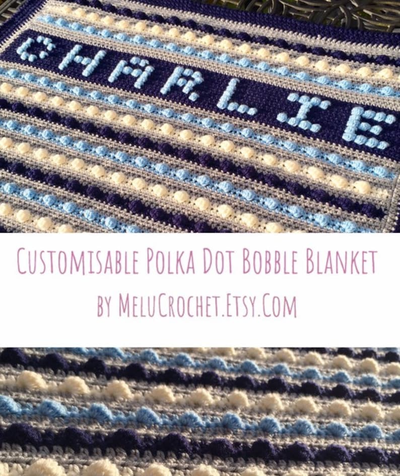 Personalisierte Babydecke Name Polka Dot Bommel/Bubble Stitch Modernes Tröstermuster von Melu Crochet Junge/Mädchen personalisieren Krippe Bild 10