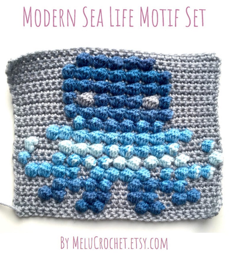 Modern Crochet Bobble stitch chart Squares narwhal, fish, turtle, seahorse, octopus, whale, boat, anchor, jellyfish, starfish Sea Life Motif image 9