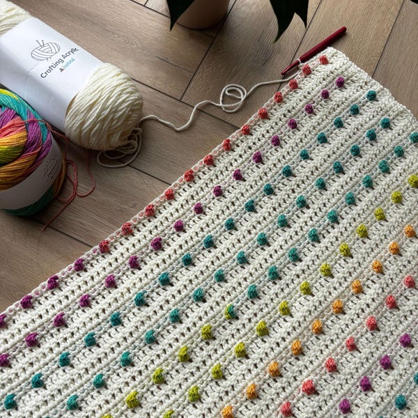 Dotty Bobble Blanket pattern by Melu Crochet Baby Afghan bobble stitch crochet comforter and bed or sofa throw for unisex/boy/girl or home