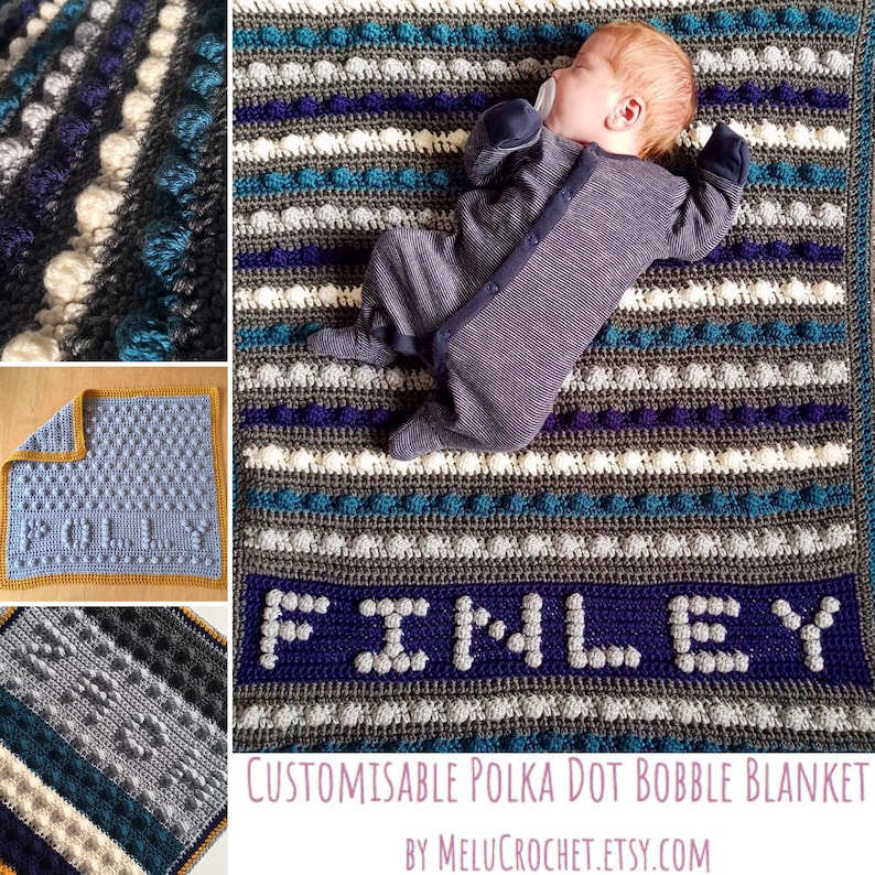 Personalisierte Babydecke Name Polka Dot Bommel/Bubble Stitch Modernes Tröstermuster von Melu Crochet Junge/Mädchen personalisieren Krippe Bild 3