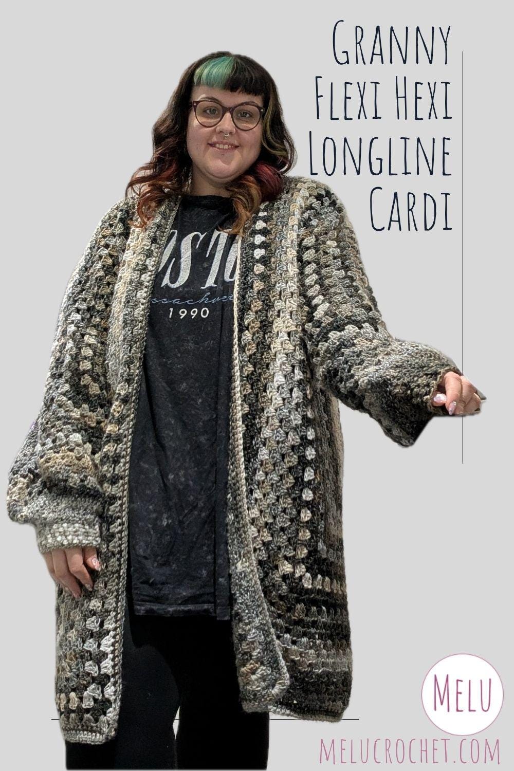 Granny Flexi Hexi Longline Cardi Pattern by Melu Crochet Inclusive