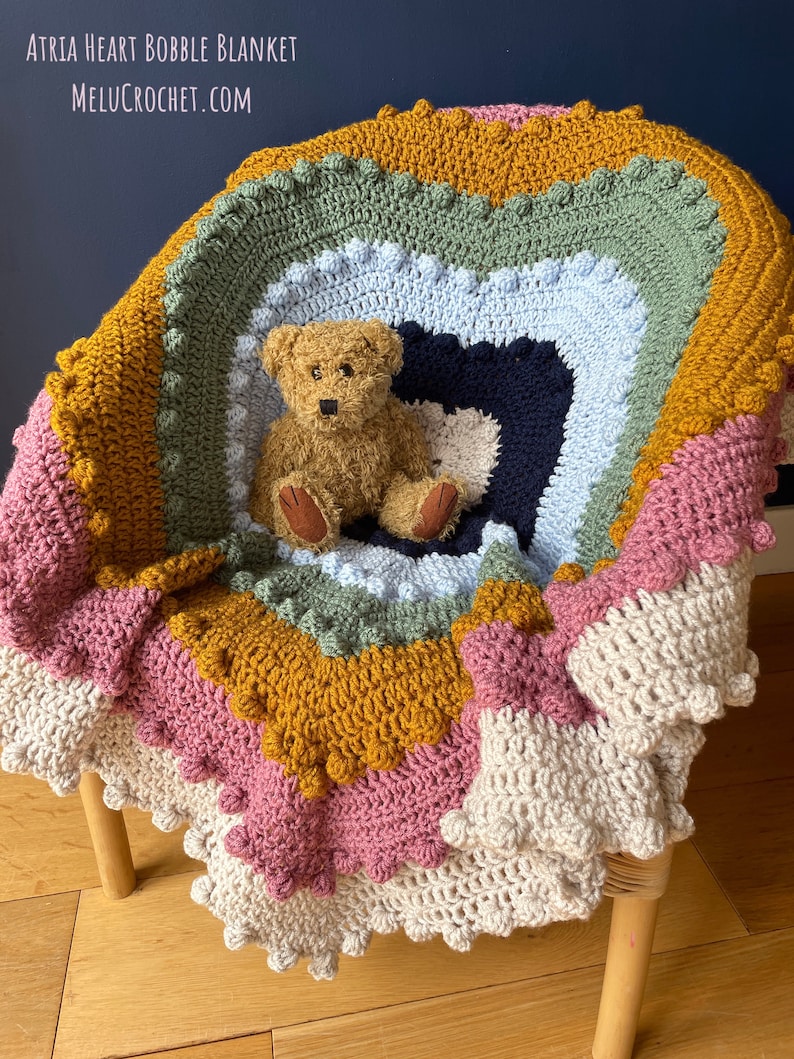 Atria Heart Bobble Blanket pattern by Melu Crochet Baby Afghan comforter and throw for unisex/boy/girl or home image 3