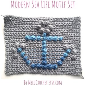 Modern Crochet Bobble stitch chart Squares narwhal, fish, turtle, seahorse, octopus, whale, boat, anchor, jellyfish, starfish Sea Life Motif image 5