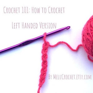 May include: Crochet 101: How to Crochet Left Handed Version by MeluCrochet.etsy.com. A close-up of a purple crochet hook with pink yarn being used to create a crochet stitch.