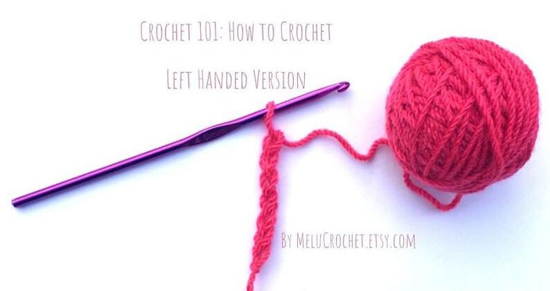 May include: Crochet 101: How to Crochet Left Handed Version by MeluCrochet.etsy.com. A close-up of a purple crochet hook with pink yarn being used to create a crochet stitch.