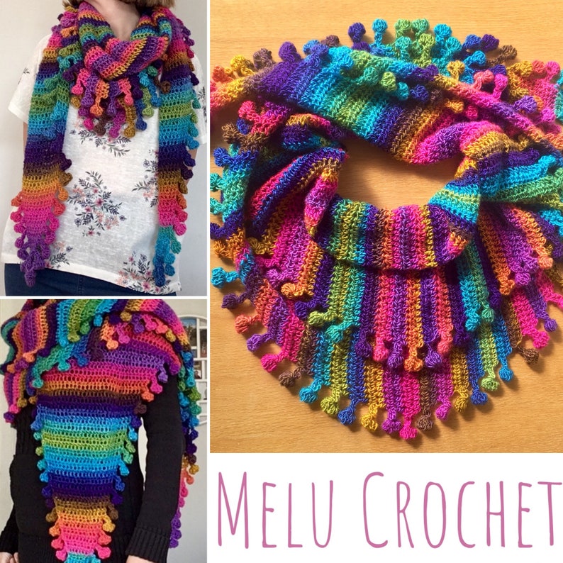 Big Cozy Bobble Pom Pom Shawl Wrap scarf by Melu Crochet pattern self stripe Ladies/womens/woman bobble/popcorn stitch easy quick chart incl image 5