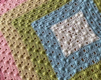 Dotty about Bobbles! Square blanket Rainbow Easy Modern Bobble Filet Pattern by Melu Crochet beginner Baby Afghan comforter unisex/boy/girl