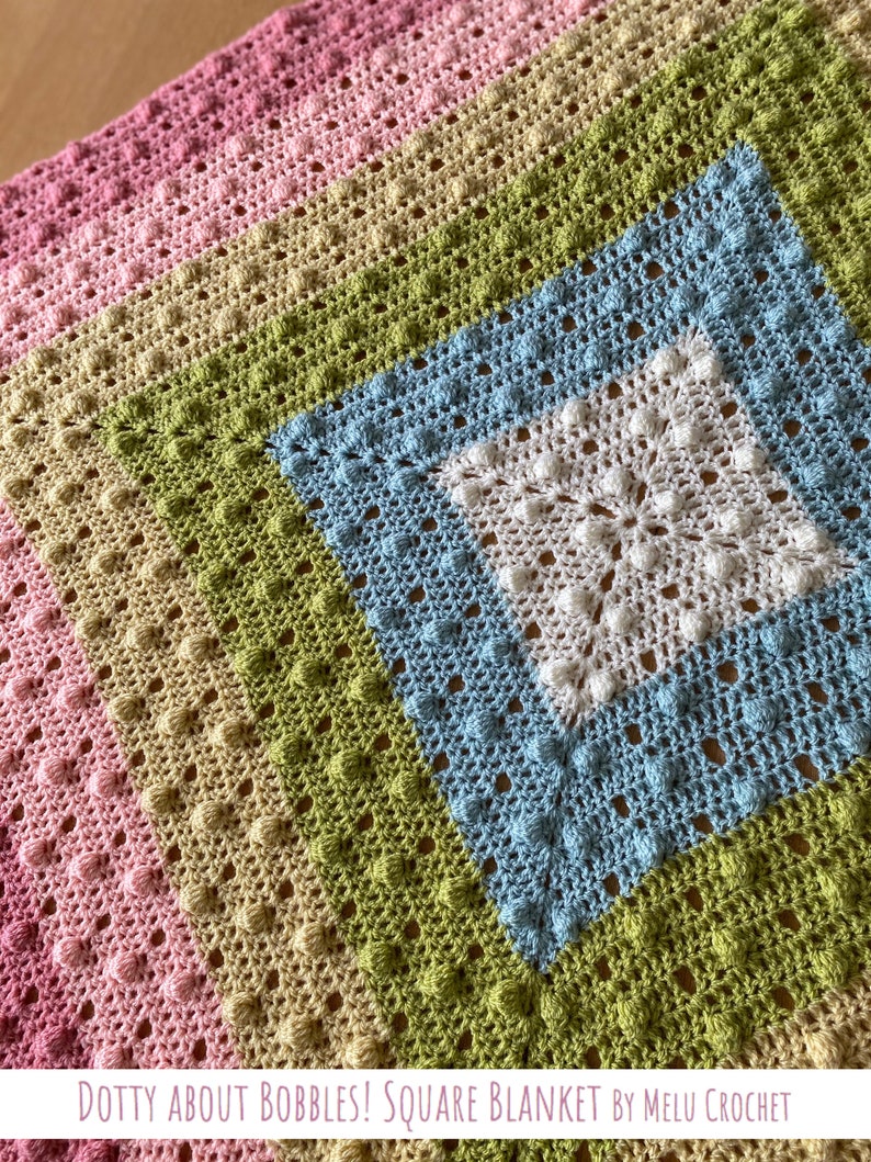 Dotty about Bobbles Square blanket Rainbow Easy Modern Bobble Filet Pattern by Melu Crochet beginner Baby Afghan comforter unisex/boy/girl image 4