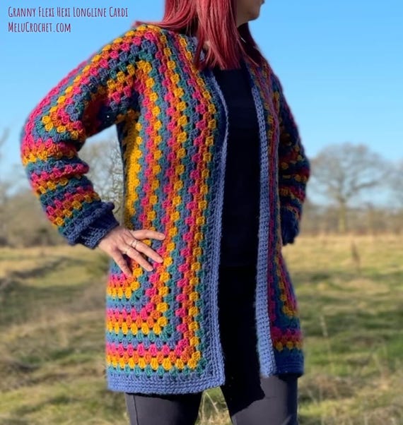 Granny Flexi Hexi Longline Cardi Pattern by Melu Crochet Inclusive