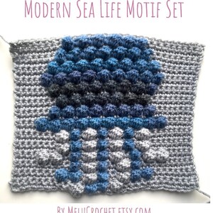 Modern Crochet Bobble stitch chart Squares narwhal, fish, turtle, seahorse, octopus, whale, boat, anchor, jellyfish, starfish Sea Life Motif image 7