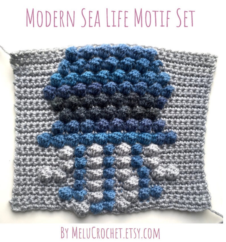 Modern Crochet Bobble stitch chart Squares narwhal, fish, turtle, seahorse, octopus, whale, boat, anchor, jellyfish, starfish Sea Life Motif image 7