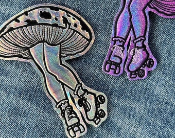 Holographic Mushroom Skater - Iron on patch 4”x3”