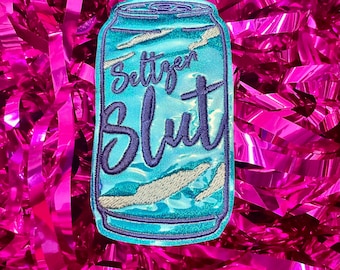 Vinyl blue hologram iron on patch - Seltzer Slut - 4”x2”