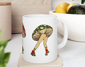 Roller Skating Mushroom Coffee Mug: Cottagecore Kitchen Decor