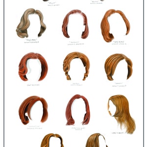 May include: A digital illustration of 12 different hairstyles, each labeled with the episode and season of the television show "The X-Files" in which the hairstyle was worn. The text "Scully Hair, Don't Care." is at the bottom of the image.