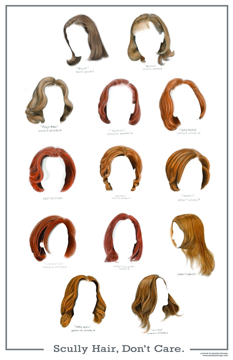 May include: A digital illustration of 12 different hairstyles, each labeled with the episode and season of the television show "The X-Files" in which the hairstyle was worn. The text "Scully Hair, Don't Care." is at the bottom of the image.