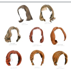 May include: A collection of nine illustrations of different hairstyles, each labeled with the episode and season of the TV show "Mad Men" in which the hairstyle appeared. The hairstyles are all variations of the classic 1960s style, with different lengths, colors, and textures.