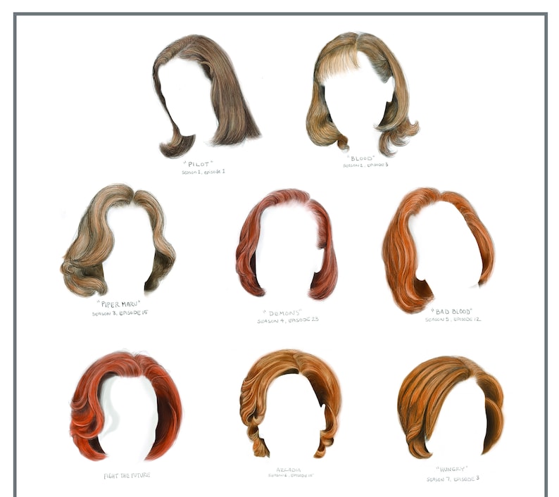 May include: A collection of nine illustrations of different hairstyles, each labeled with the episode and season of the TV show "Mad Men" in which the hairstyle appeared. The hairstyles are all variations of the classic 1960s style, with different lengths, colors, and textures.