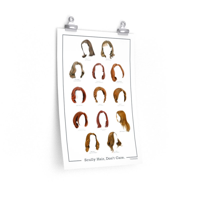 May include: A white poster with a collection of 14 different hairstyles, all with red or brown hair. The poster has the text "Scully Hair, Don't Care." at the bottom.