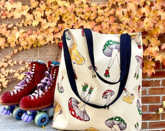Roller Skating Mushrooms - Large Tote Bag