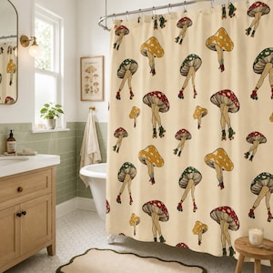May include: A cream-colored shower curtain featuring a repeating pattern of mushrooms with human legs wearing roller skates. The mushrooms have various cap colors including red, green, and yellow, and are depicted in a standing position.