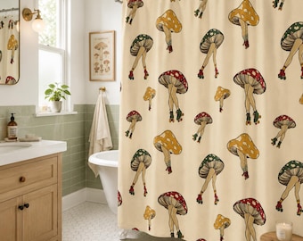 Roller Skating Mushroom Shower Curtain, Trippy Cottagecore Bathroom Decor
