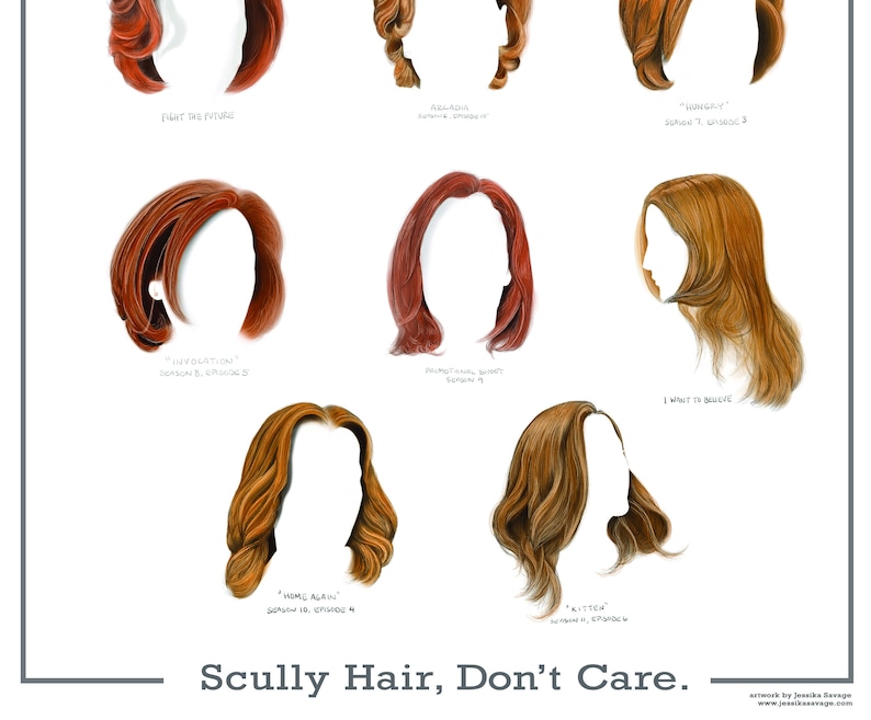 May include: A digital illustration of nine different hairstyles, all red or brown, with the text "Scully Hair, Don't Care." below. Each hairstyle is labeled with the episode and season of the X-Files in which it appeared.