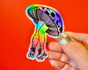 Holographic Mushroom Sticker - weatherproof vinyl 3”