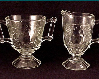 Vintage 1950's Jeannette Glass BALTIMORE PEAR Footed Creamer and Sugar Bowl Set