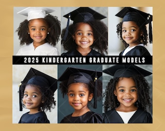 Kindergarten Graduation AI Stock Photos | African American Kids Graduation PNG | Digital Download | Cute Grad Cap & Gown Clipart