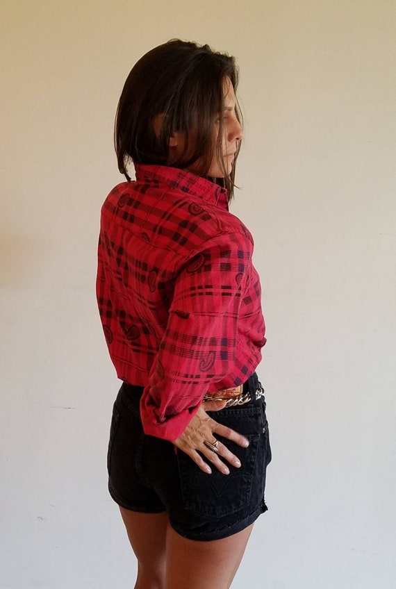 Vintage PAPAYA Red and Black Paisley Checked Prin… - image 9