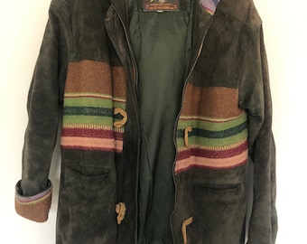 Vintage Adventure Bound by Wilsons hunter green Suede winter coat with wool blanket southwestern detail hooded winter jacket