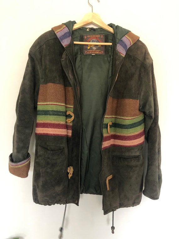 Vintage Adventure Bound by Wilsons hunter green Suede winter coat with wool blanket southwestern detail hooded winter jacket