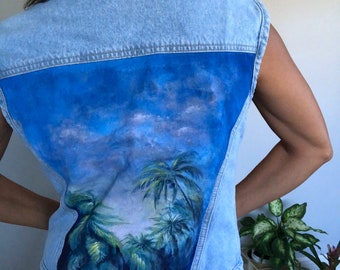 Vintage London London Jean Denim Vest Hand painted wearable art tropical plants palm tree sunset scene one of a kind light wash waistcoat
