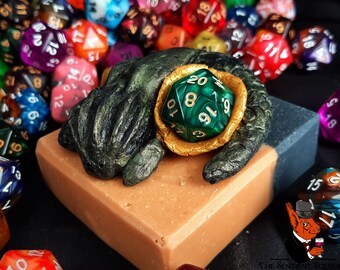 Crit Dragon- hand-sculpted cold process artisan hemp oil soap (dark green w/ emerald dice)