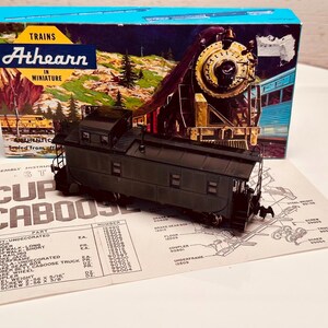 May include: A dark green model train caboose with a box in the background. The box is blue and has the word "Athearn" on it. The caboose is sitting on a diagram. The text on the diagram says "CUP CABOOSE".