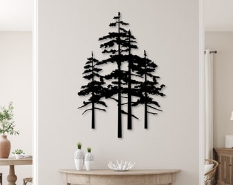 Wispy Pine Tree Metal Wall Art | Cedar Tree Metal Sign | Four Trees Home Decor | Steel Metal Wall Art Nature Decor