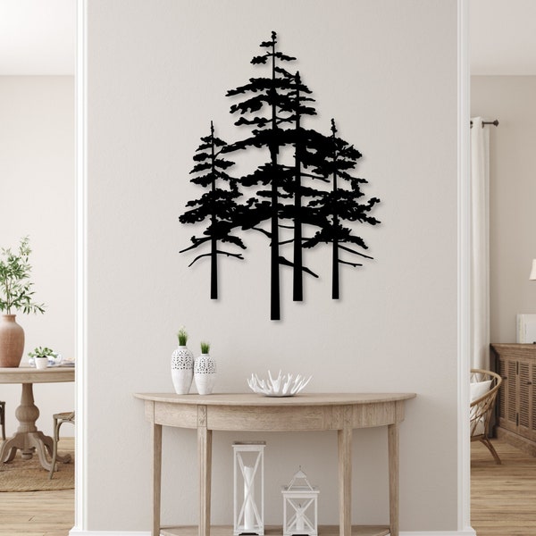 Wispy Pine Tree Metal Wall Art | Cedar Tree Metal Sign | Four Trees Home Decor | Steel Metal Wall Art Nature Decor