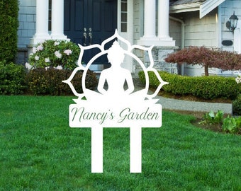 Letrero metálico personalizado con estaca de yoga para jardín, letrero metálico con estaca de Namaste, letrero de jardín, letrero de jardín de flores, letrero metálico con nombre de jardín