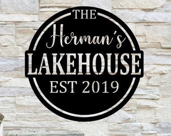 Letrero metálico personalizado con nombre de familia / Regalo de inauguración de la casa / Letrero de cabaña en el lago / Regalo de boda / Letrero metálico con monograma