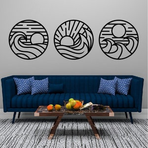 Three Piece Metal Wall Art Waves / Metal Wall Art / 3 Piece Sun and Waves Metal Wall Art / Metal Home Decor / Waves Wall Art Decor