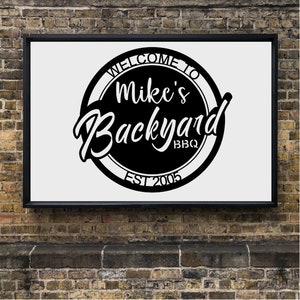 May include: Black and white sign with a circle design that says "Welcome to Mike's Backyard BBQ Est 2005".