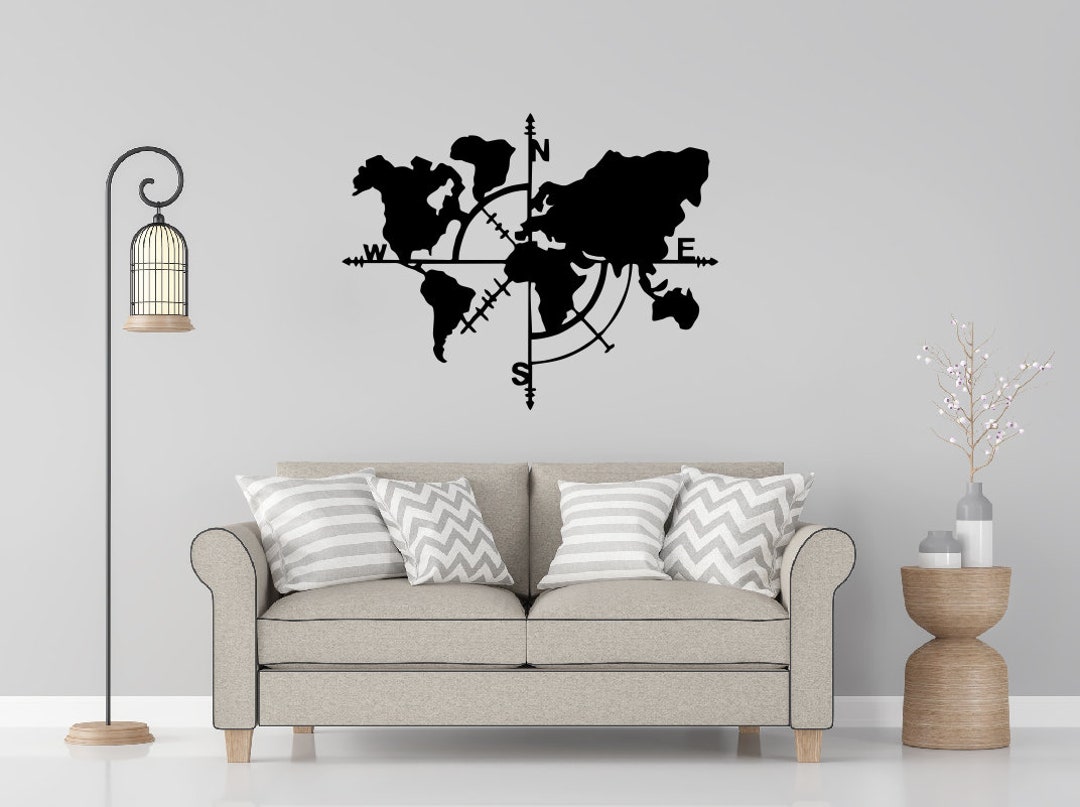 Metal World Map Compass / Map of Life Metal Sign / Metal World Wall Art
