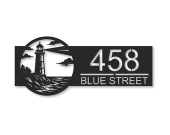 Custom Lighthouse Metal Address Sign – Coastal House Numbers Plaque – Nautical Outdoor Décor