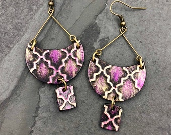 Unique Hand Painted Crescent Moon Earrings / Dangle Earrings, Long Earrings, Statement Earrings, Gift For Mom, Gift for Wife, Boho Earrings