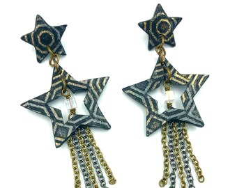 One Of A Kind Star Earrings w Tassels | Shooting Star Earrings | Tassel Earrings | Galaxy Earrings | Statement Earrings | Gold Star Earrings
