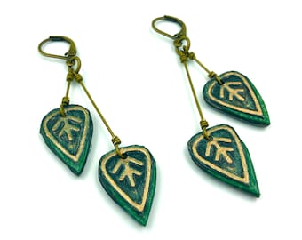 Green and Gold Leaf Long Dangle Earrings - Leaf Earrings | Leaves Earrings | Leaf Jewelry | Nature Earrings | Tree Earrings | Tropical Leaf